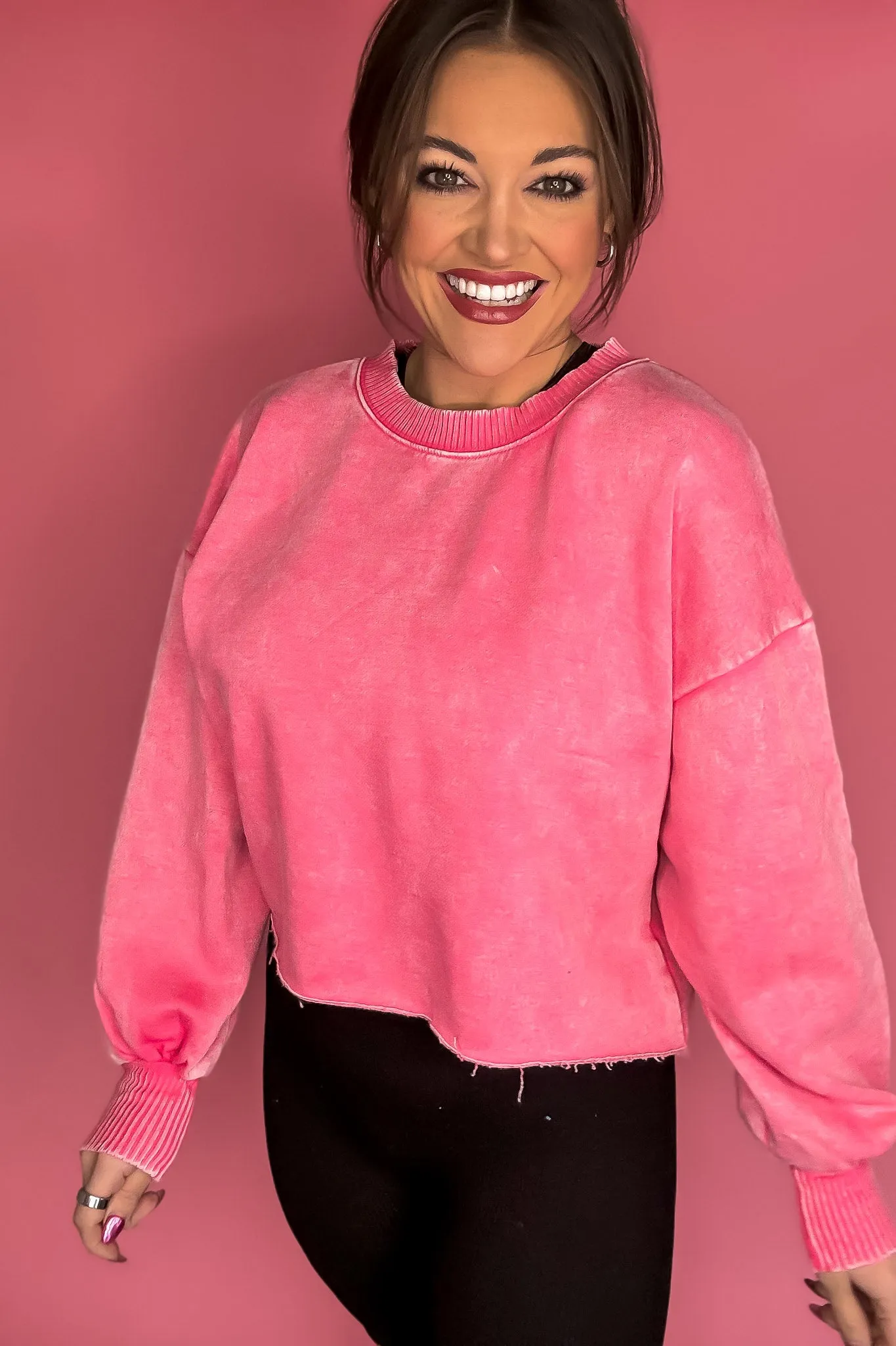 Dream It Fuchsia Acid Wash Fleece Cropped Pullover Top