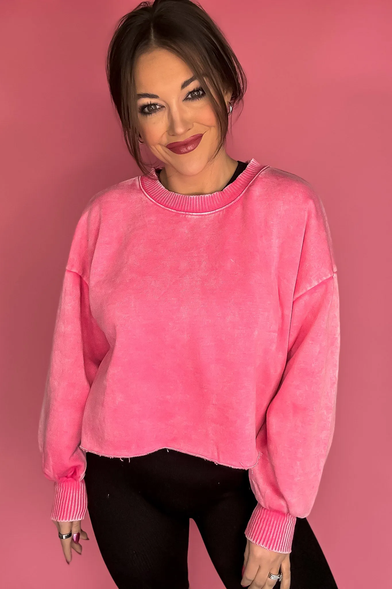 Dream It Fuchsia Acid Wash Fleece Cropped Pullover Top