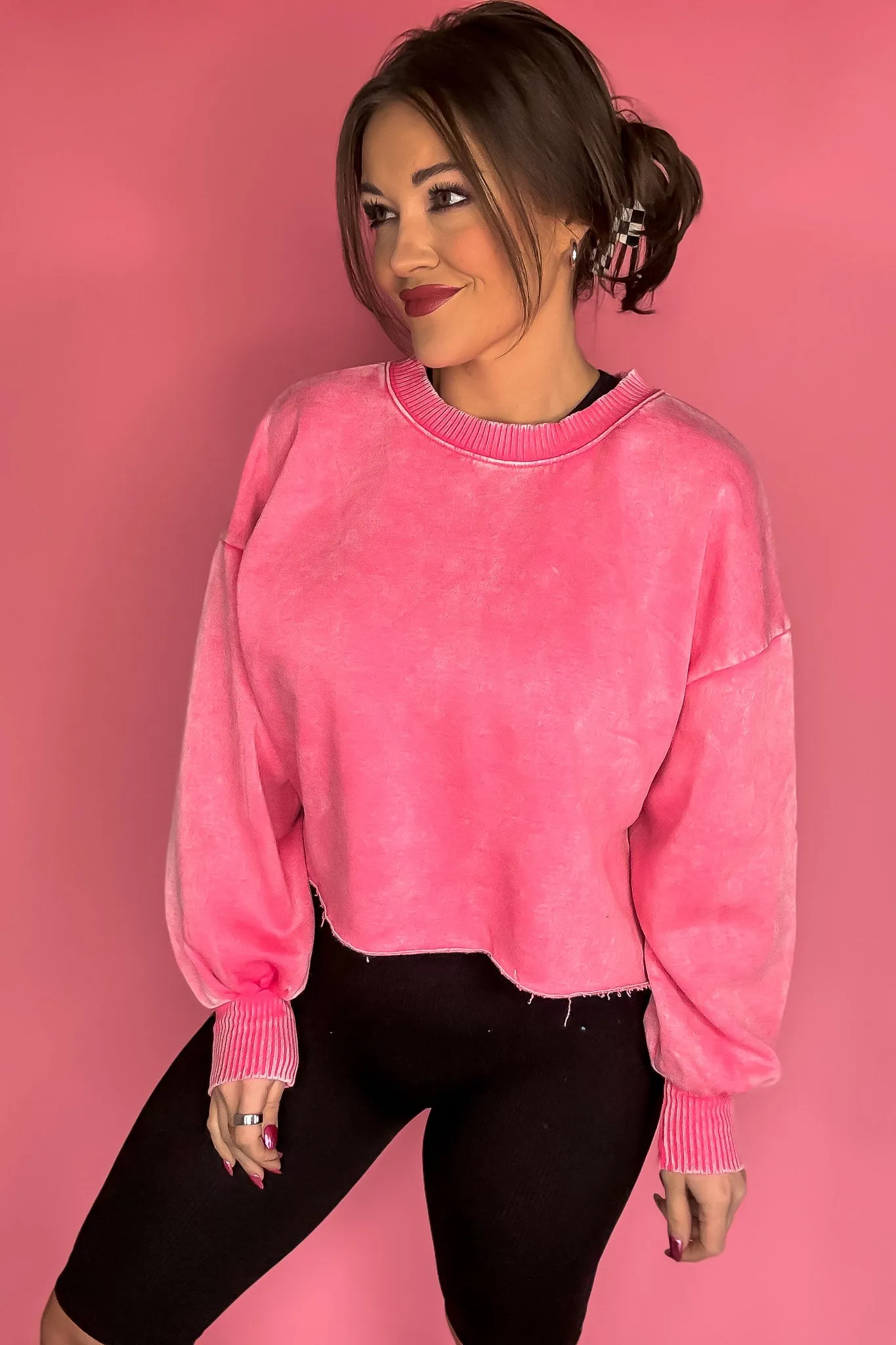 Dream It Fuchsia Acid Wash Fleece Cropped Pullover Top