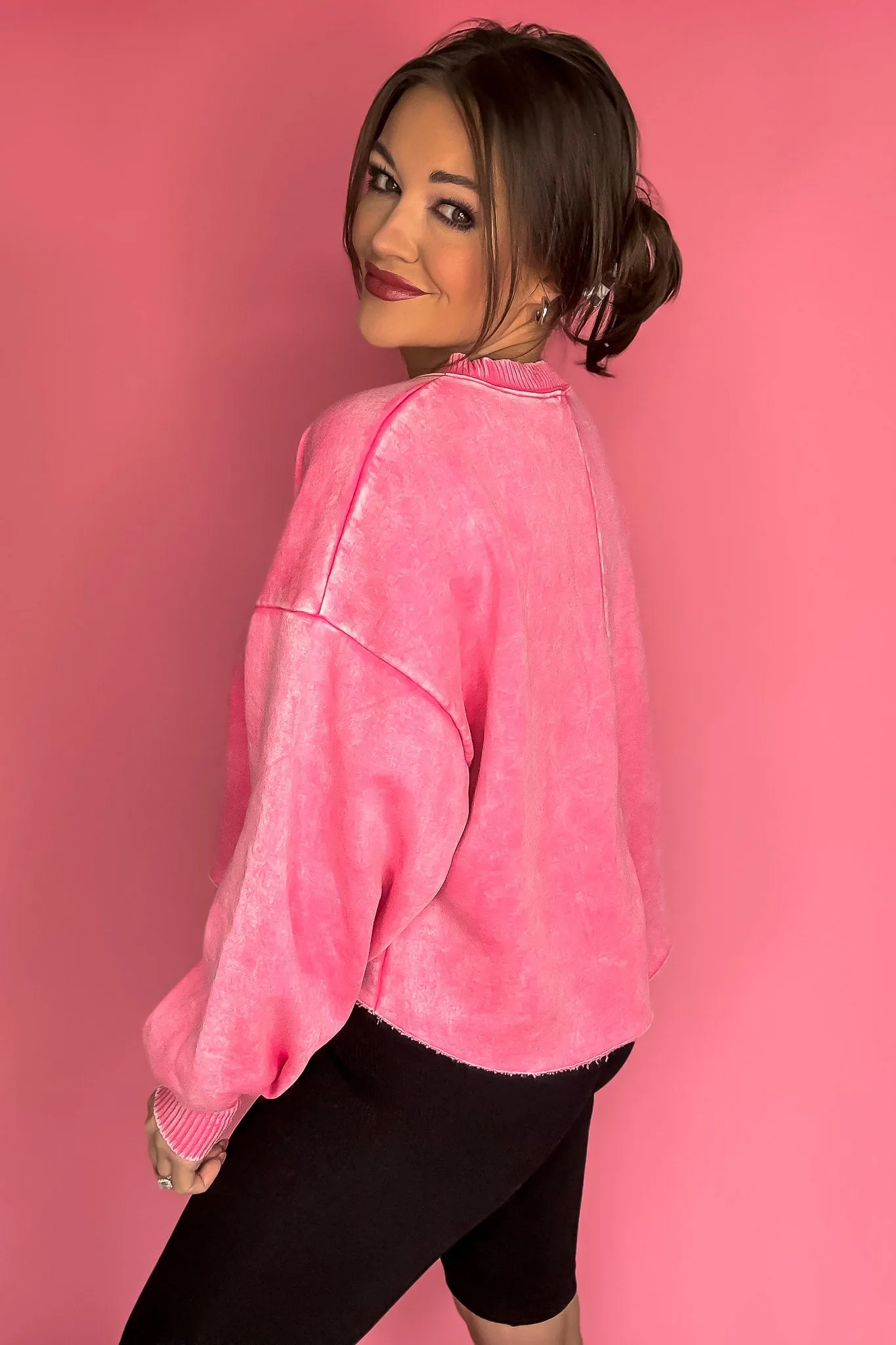 Dream It Fuchsia Acid Wash Fleece Cropped Pullover Top