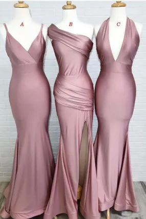 Dusty Rose Mermaid V Neck Split Side Long Evening Gowns Bridesmaid Dresses