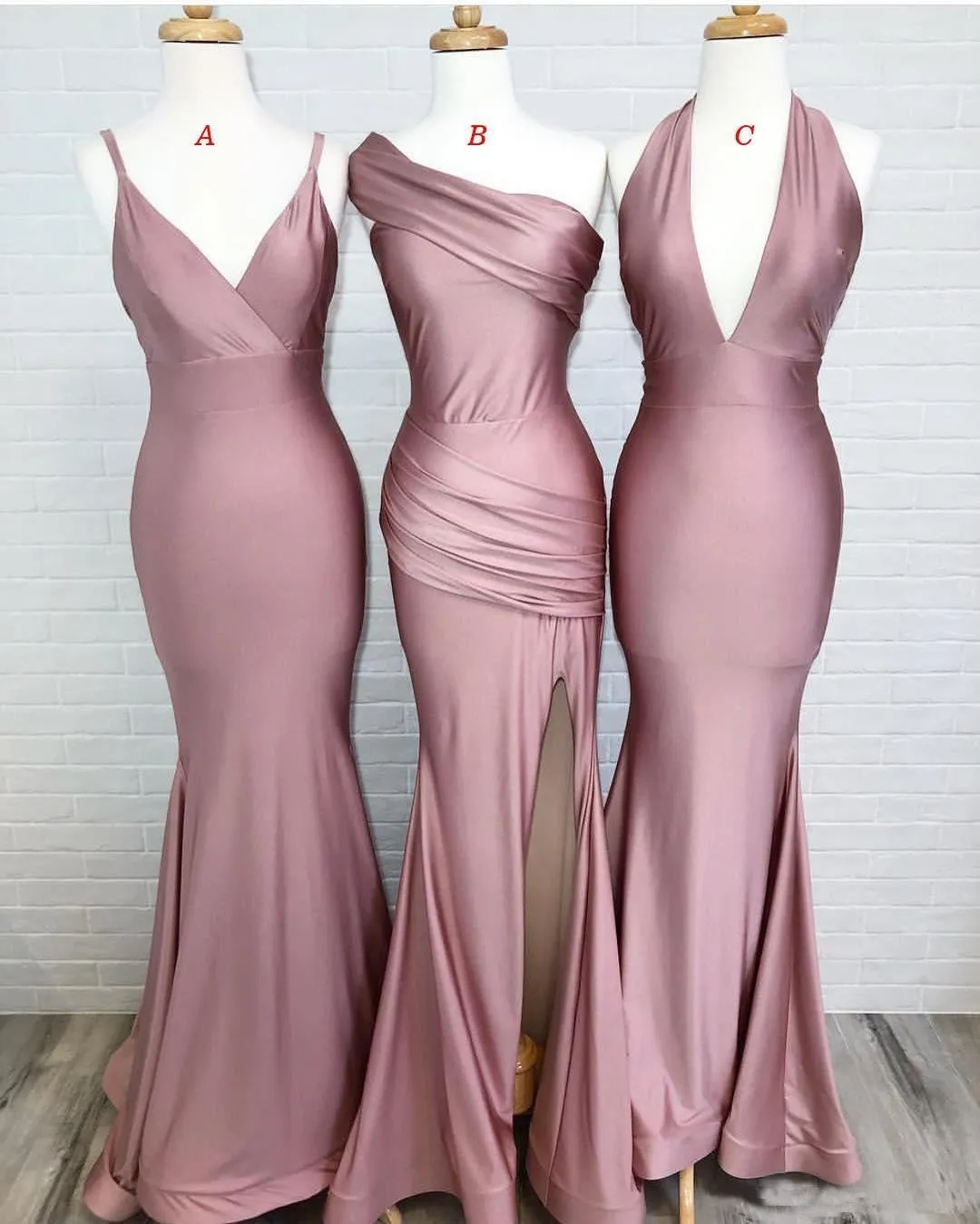 Dusty Rose Mermaid V Neck Split Side Long Evening Gowns Bridesmaid Dresses