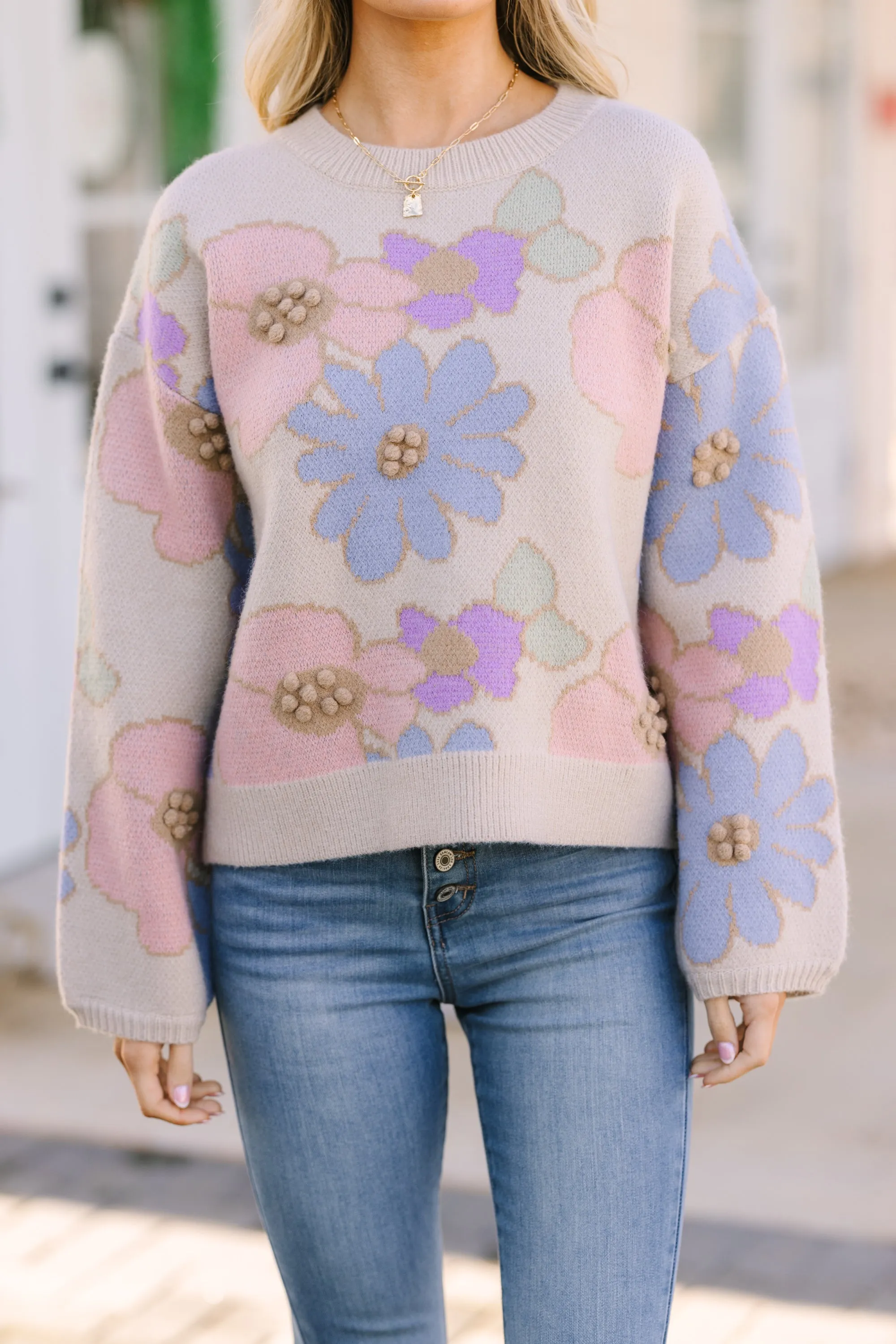 Easy To Love Beige Brown Floral Sweater