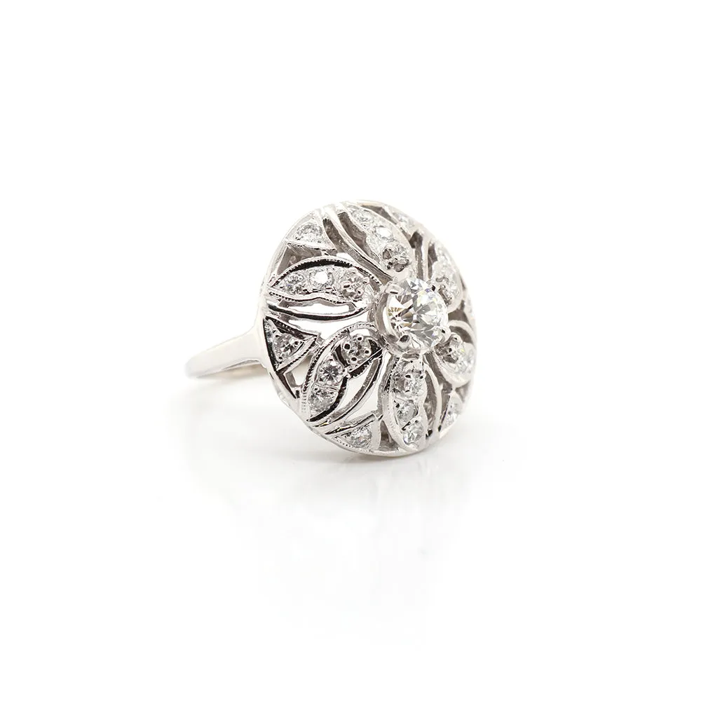 Estate 14k White Gold Floral Top Diamond Ring