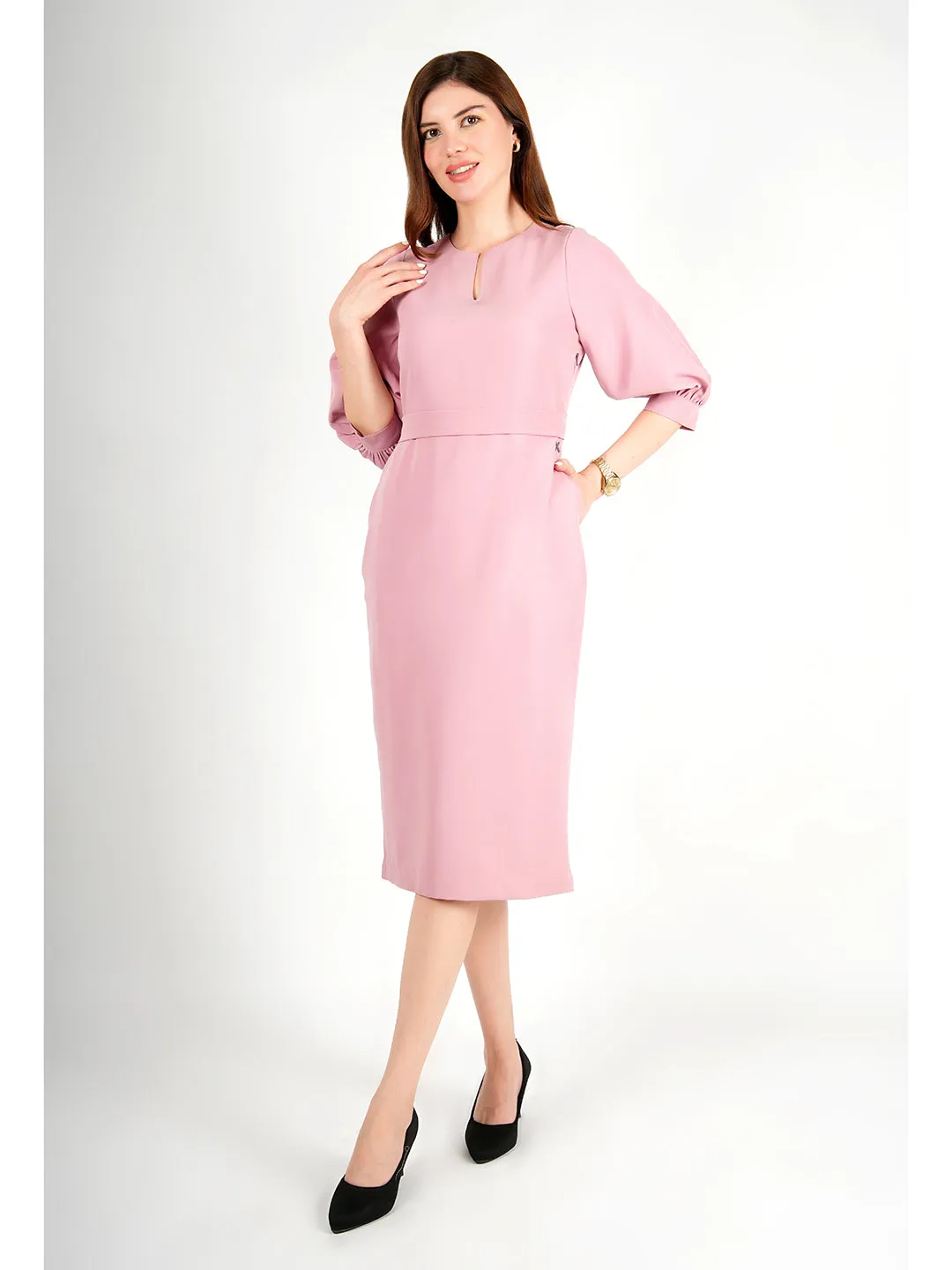 Exude Bright Low 3/4 Puff Sleeve Dress (Blush Pink)