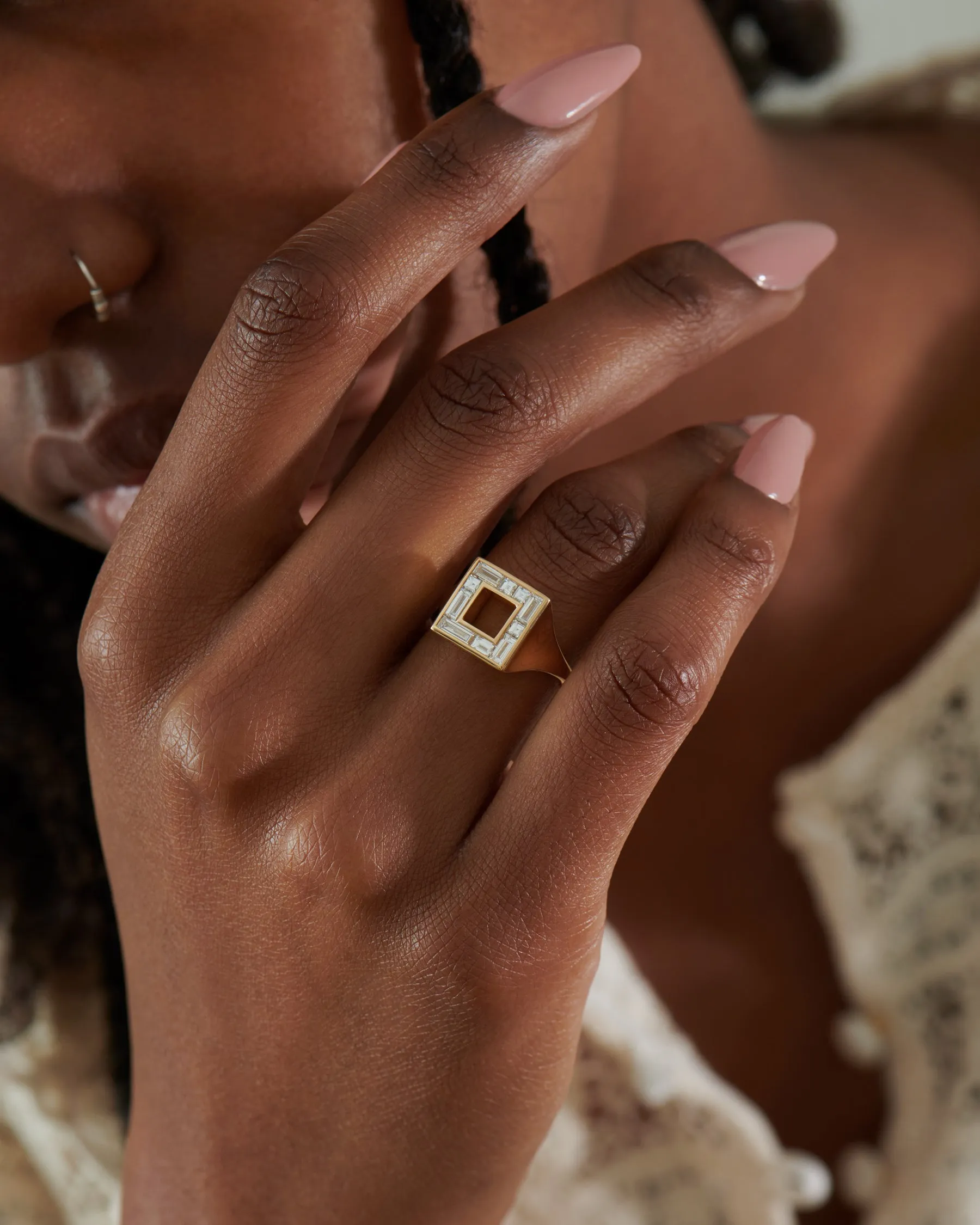 Geometric Baguette & Carre Diamond Signet Ring