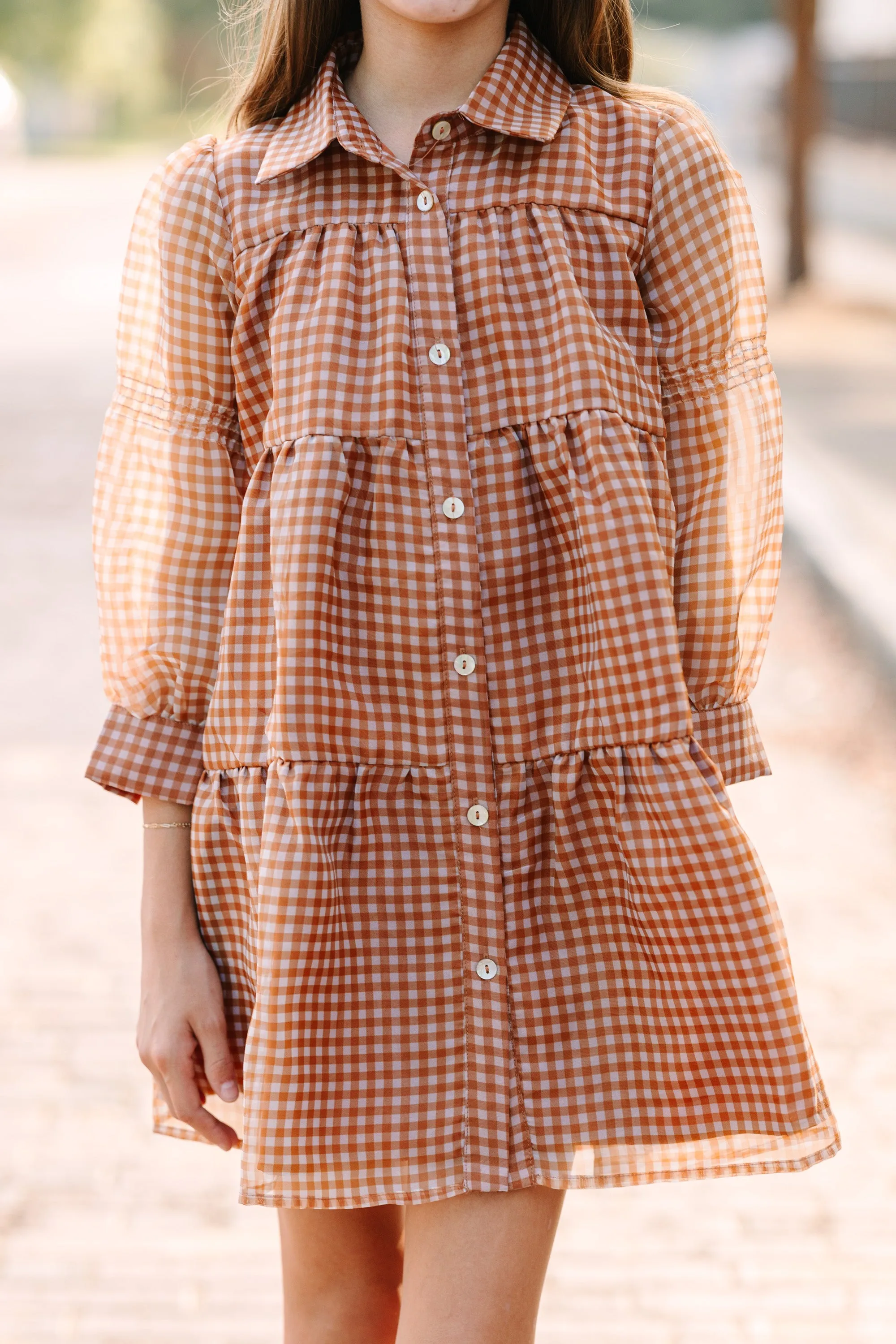 Girls: Take The Leap Butterscotch Brown Plaid Dress