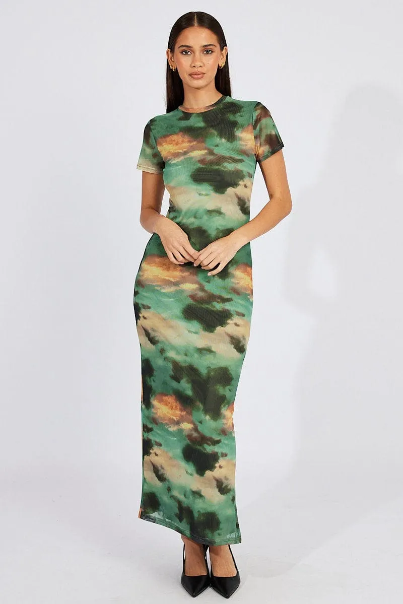 Green Abstract Maxi Dress Short Sleeve Bodycon Mesh