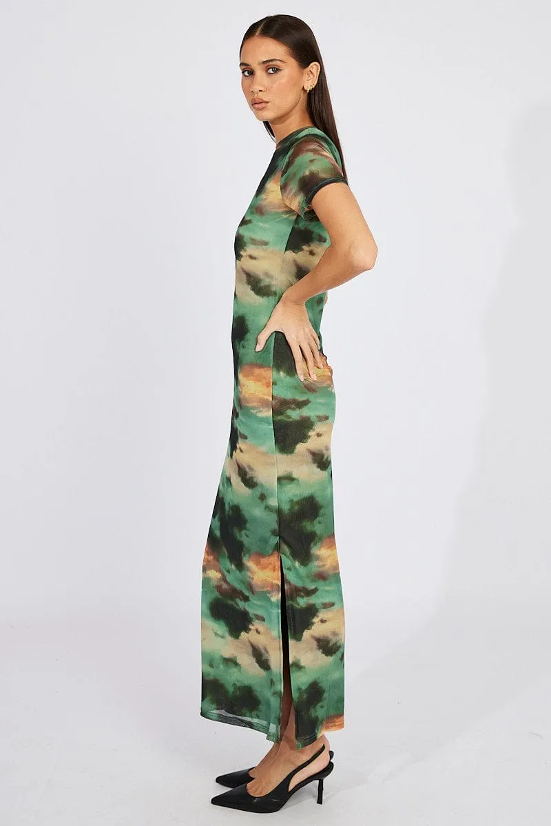 Green Abstract Maxi Dress Short Sleeve Bodycon Mesh