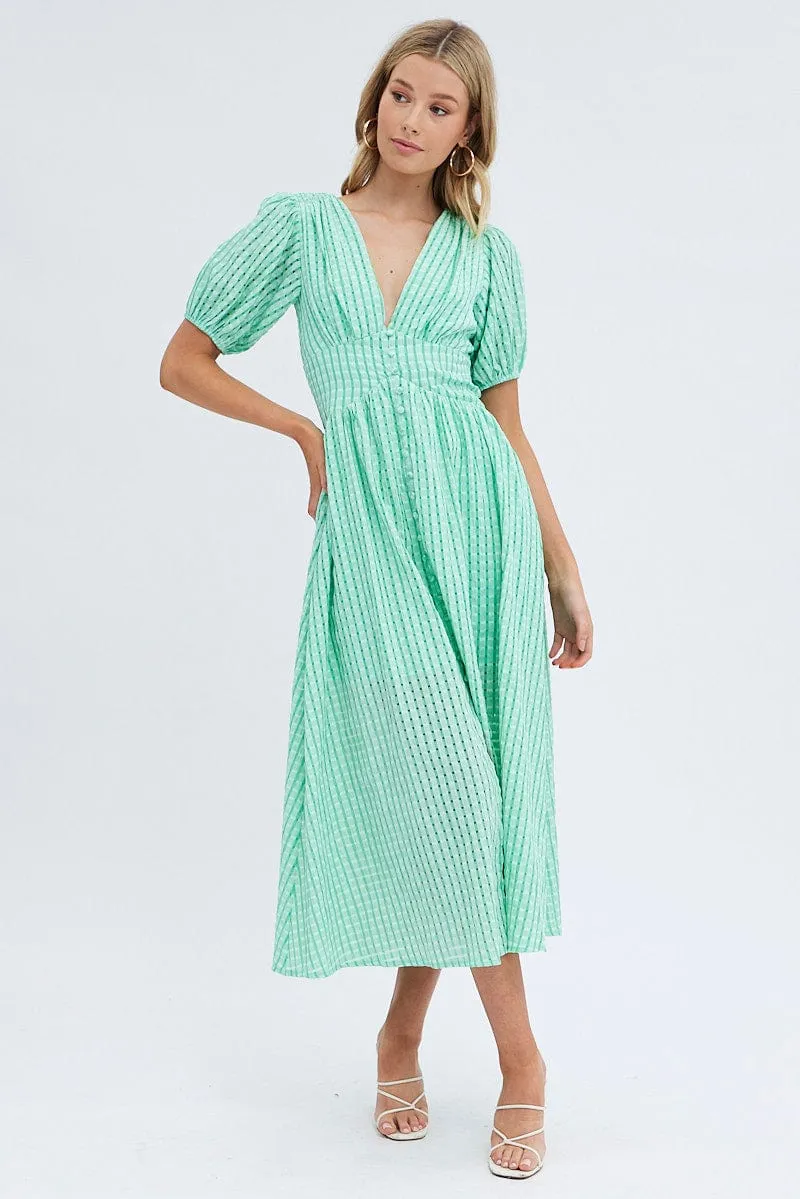 Green Check Check Puff Sleeve Midi Dress