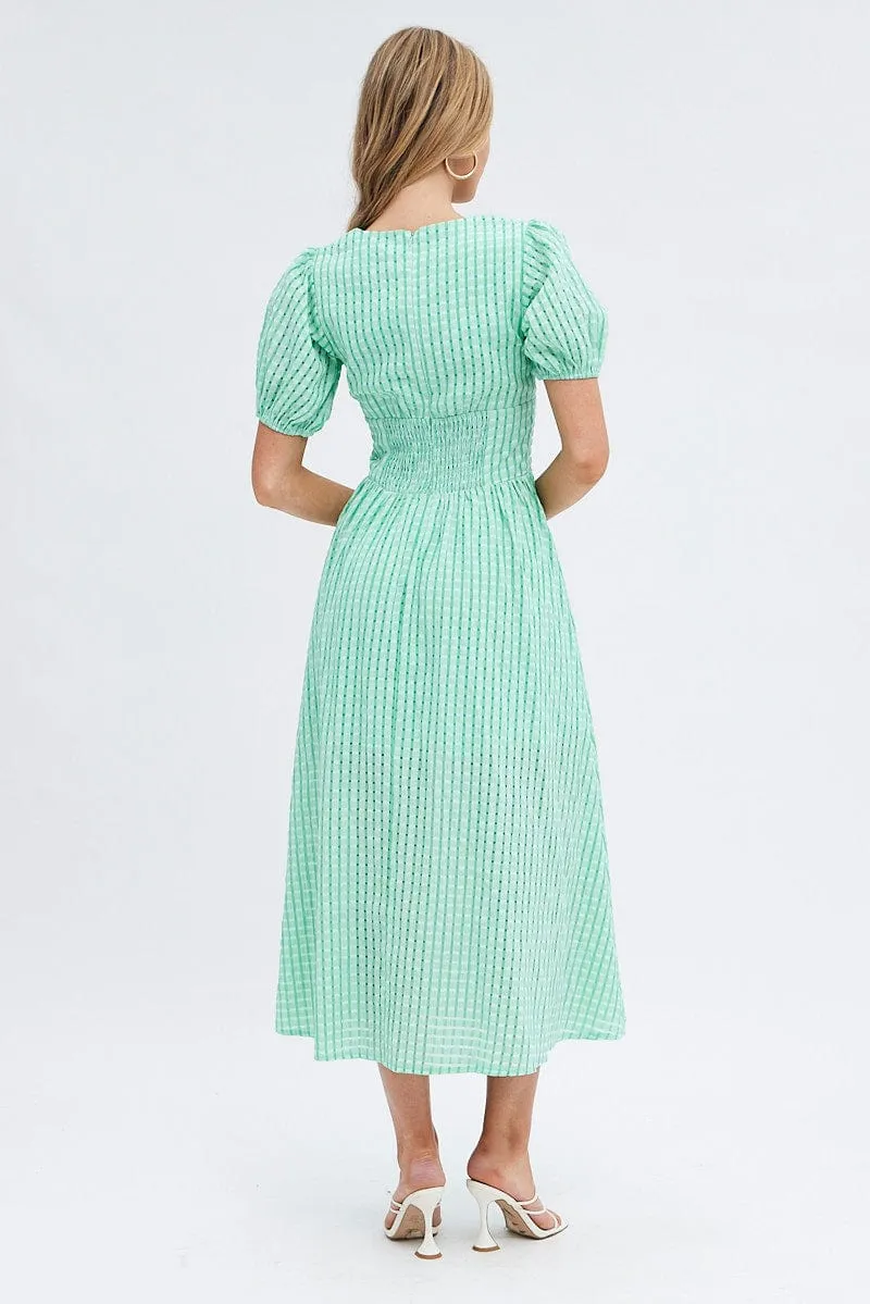 Green Check Check Puff Sleeve Midi Dress