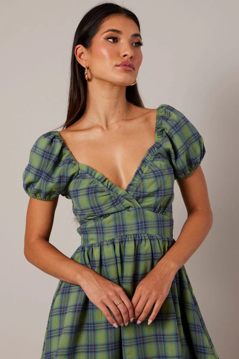 Green Check Fit And Flare Dress Puff Sleeve