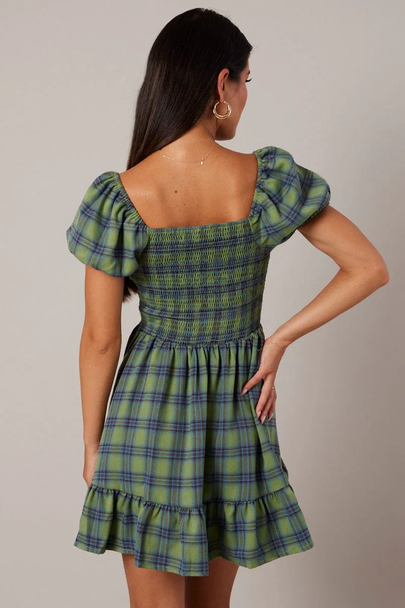 Green Check Fit And Flare Dress Puff Sleeve