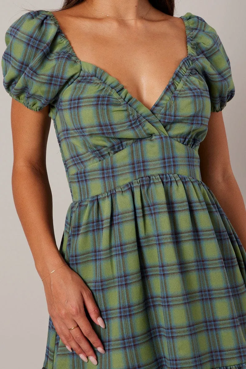 Green Check Fit And Flare Dress Puff Sleeve