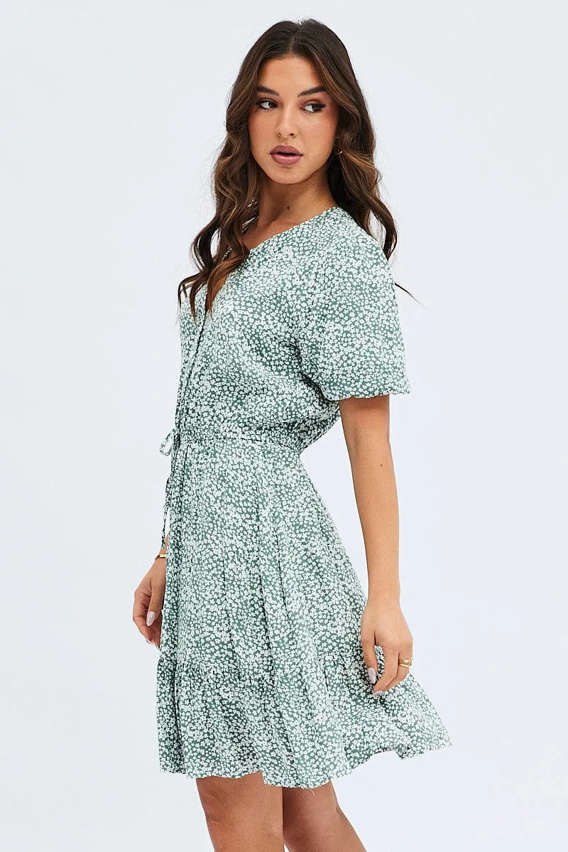 Green Ditsy Shirt Dress Short Sleeve Tiered