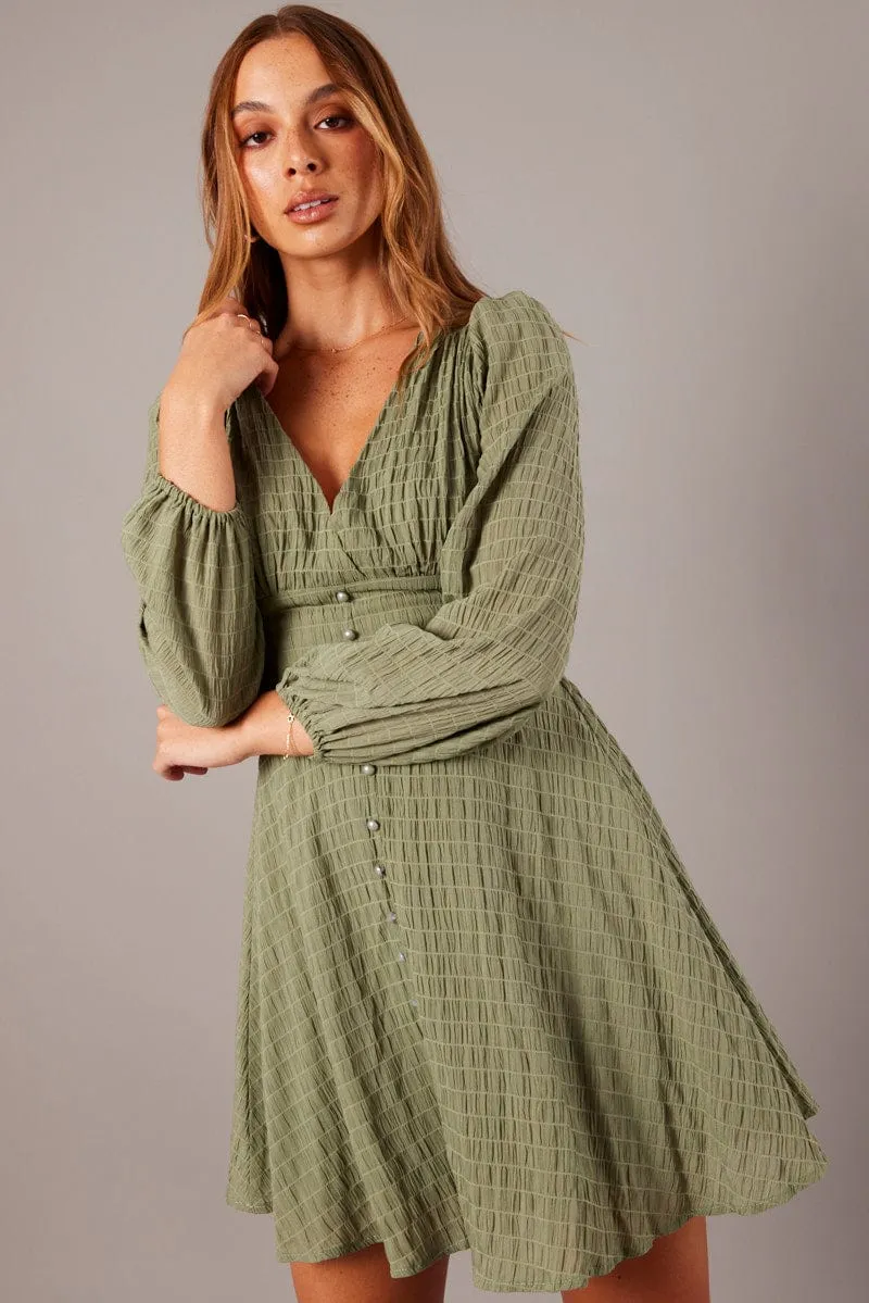 Green Fit And Flare Dress Long Sleeve