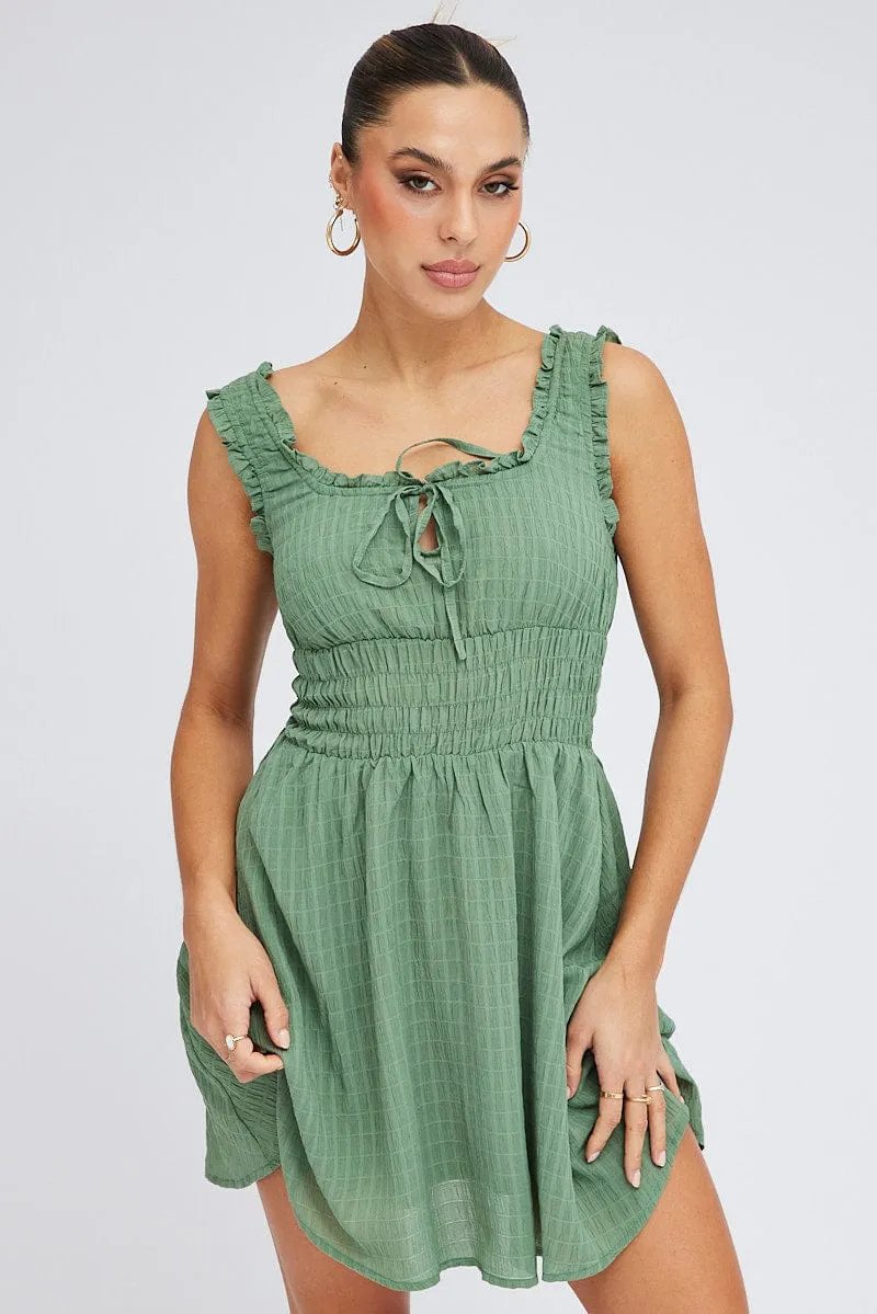 Green Fit and Flare Dress Sleeveless Waist Shirred