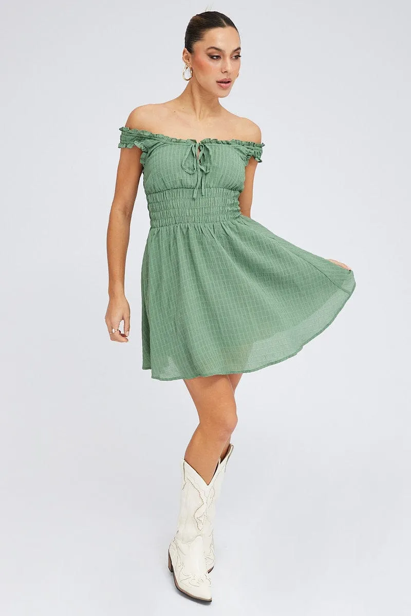 Green Fit and Flare Dress Sleeveless Waist Shirred