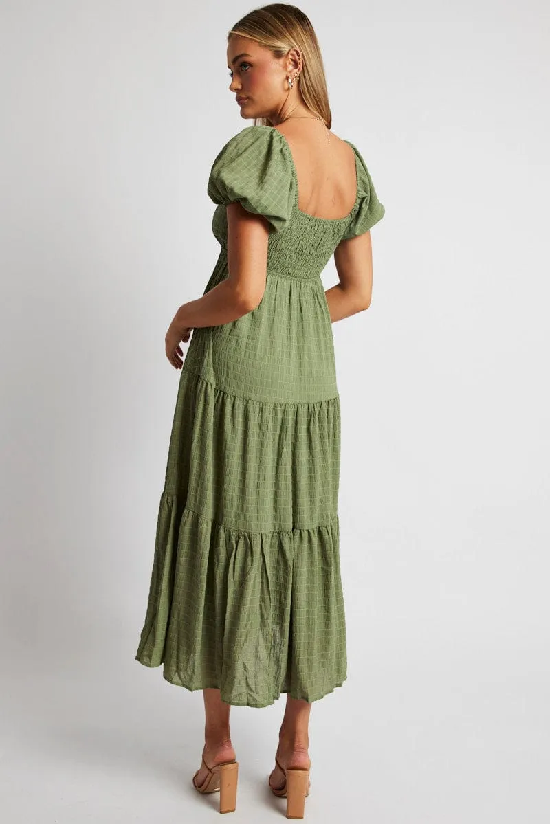 Green Midi Dress Puff Sleeve Ruch Front