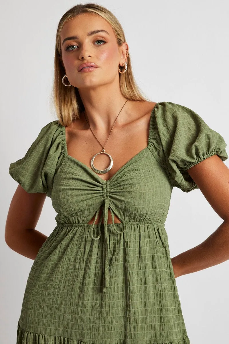 Green Midi Dress Puff Sleeve Ruch Front