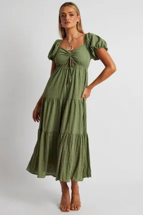 Green Midi Dress Puff Sleeve Ruch Front