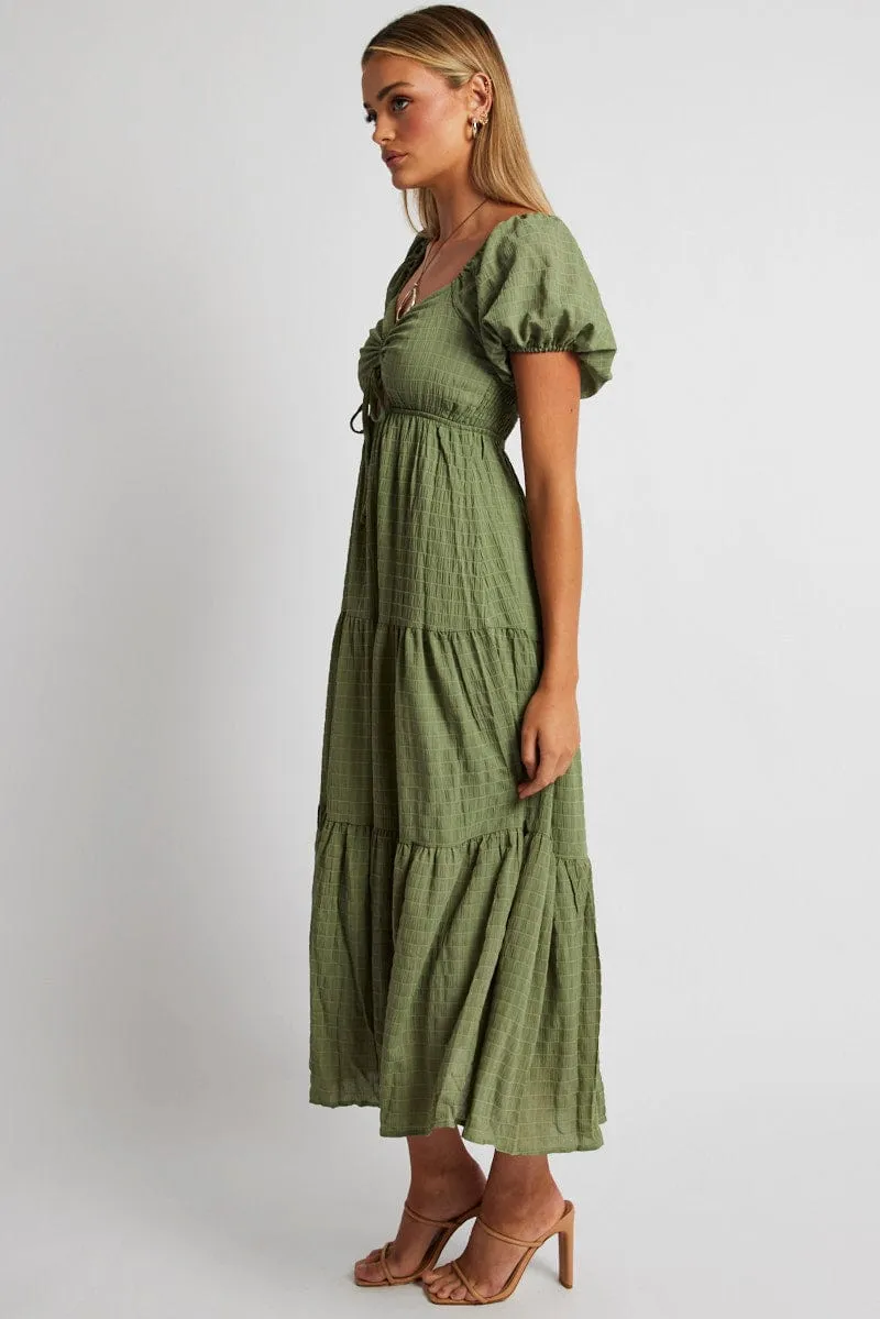 Green Midi Dress Puff Sleeve Ruch Front