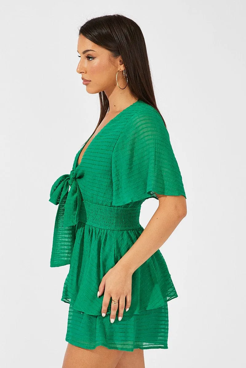 Green Playsuit Tie Front Wing Sleeve