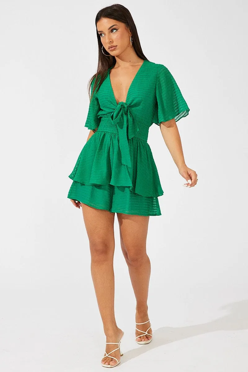 Green Playsuit Tie Front Wing Sleeve