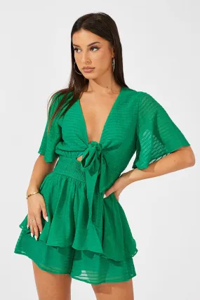 Green Playsuit Tie Front Wing Sleeve