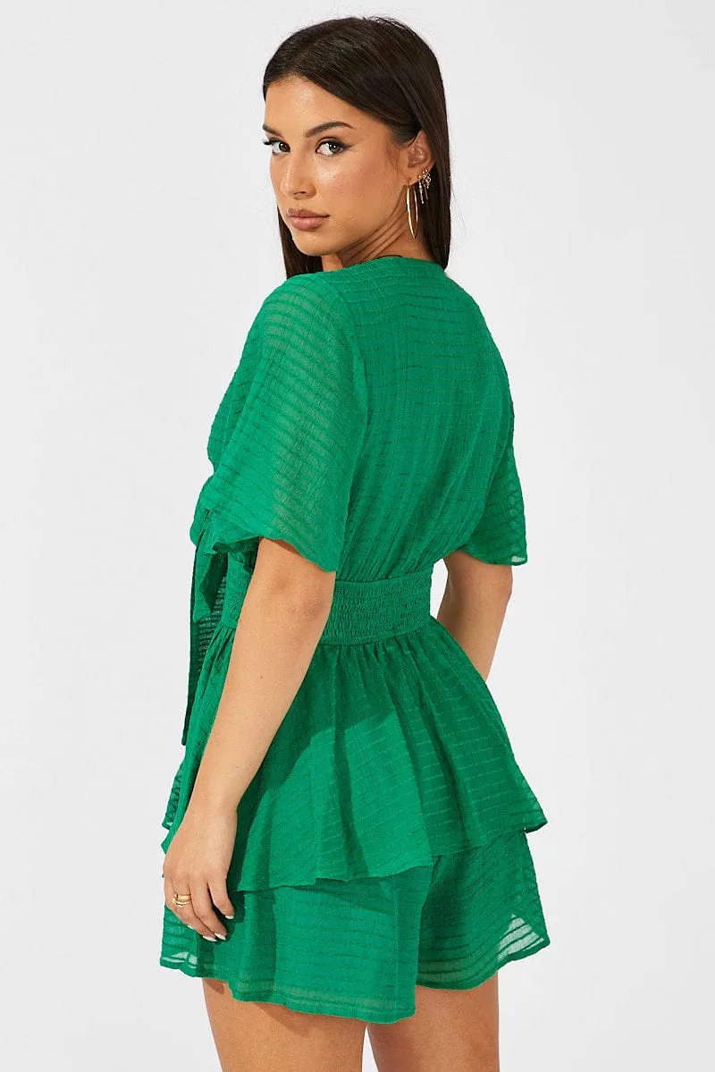 Green Playsuit Tie Front Wing Sleeve