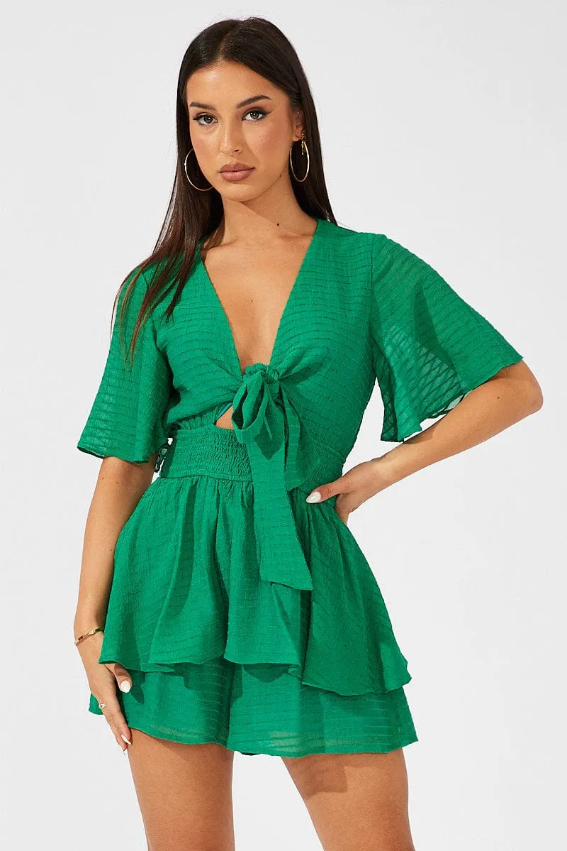 Green Playsuit Tie Front Wing Sleeve