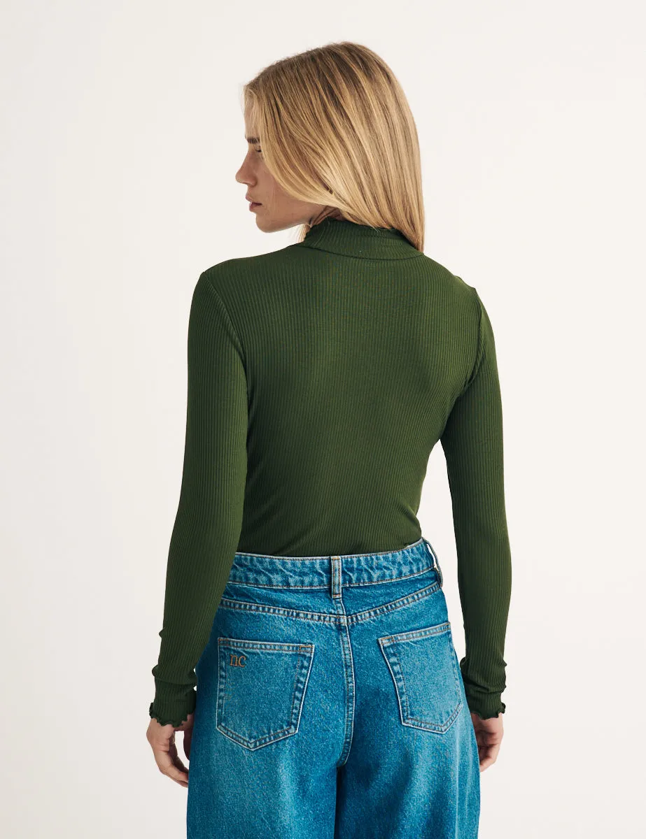 Green Ribbed Frill Funnel Neck Top