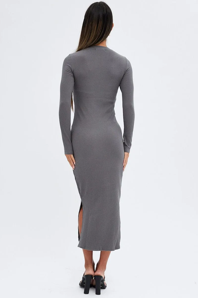 Grey Midi Dress Long Sleeve Mock Neck Cut Out Bodycon