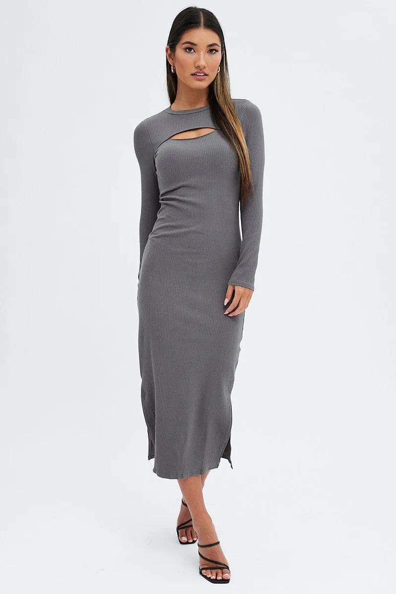 Grey Midi Dress Long Sleeve Mock Neck Cut Out Bodycon