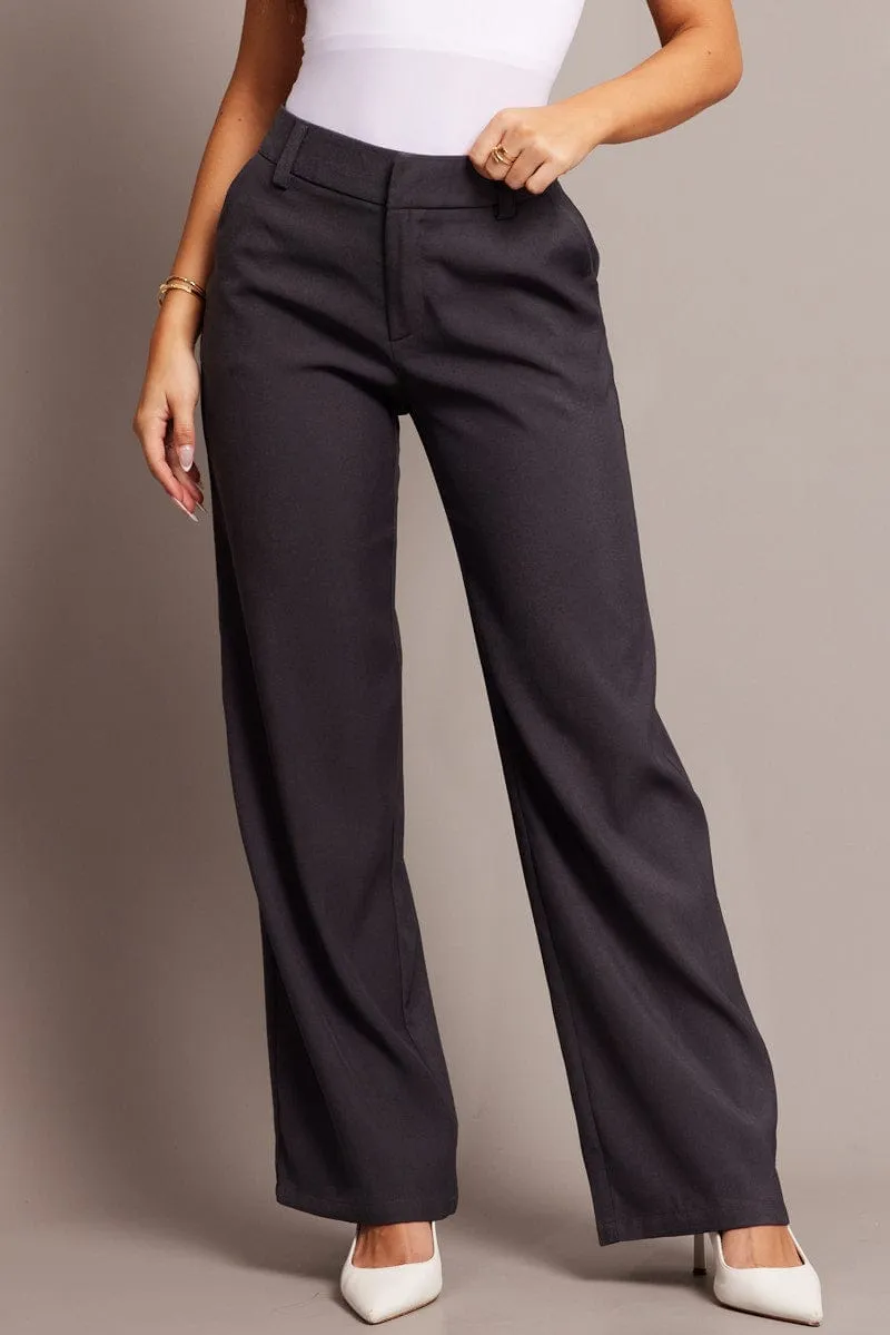 Grey Straight Fit Pants Mid Rise