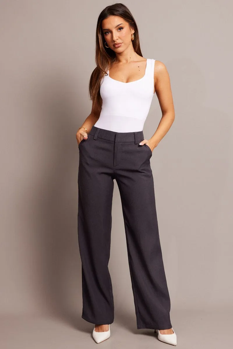 Grey Straight Fit Pants Mid Rise