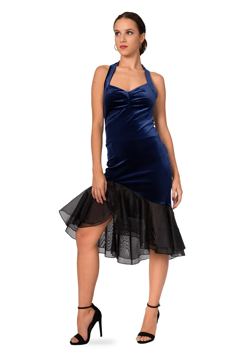 Halter-Neck Tie Velvet Dress With Black Organza Ruffles