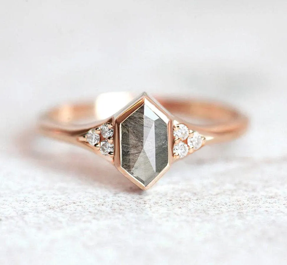 Hexagon Diamond Ring With Side Diamonds