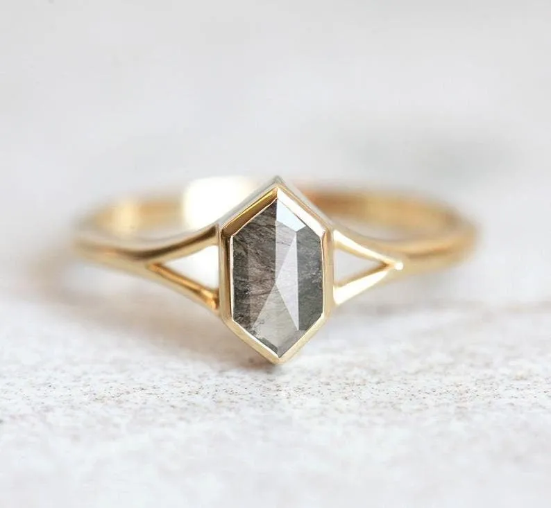 Hexagon Diamond Ring With Side Diamonds