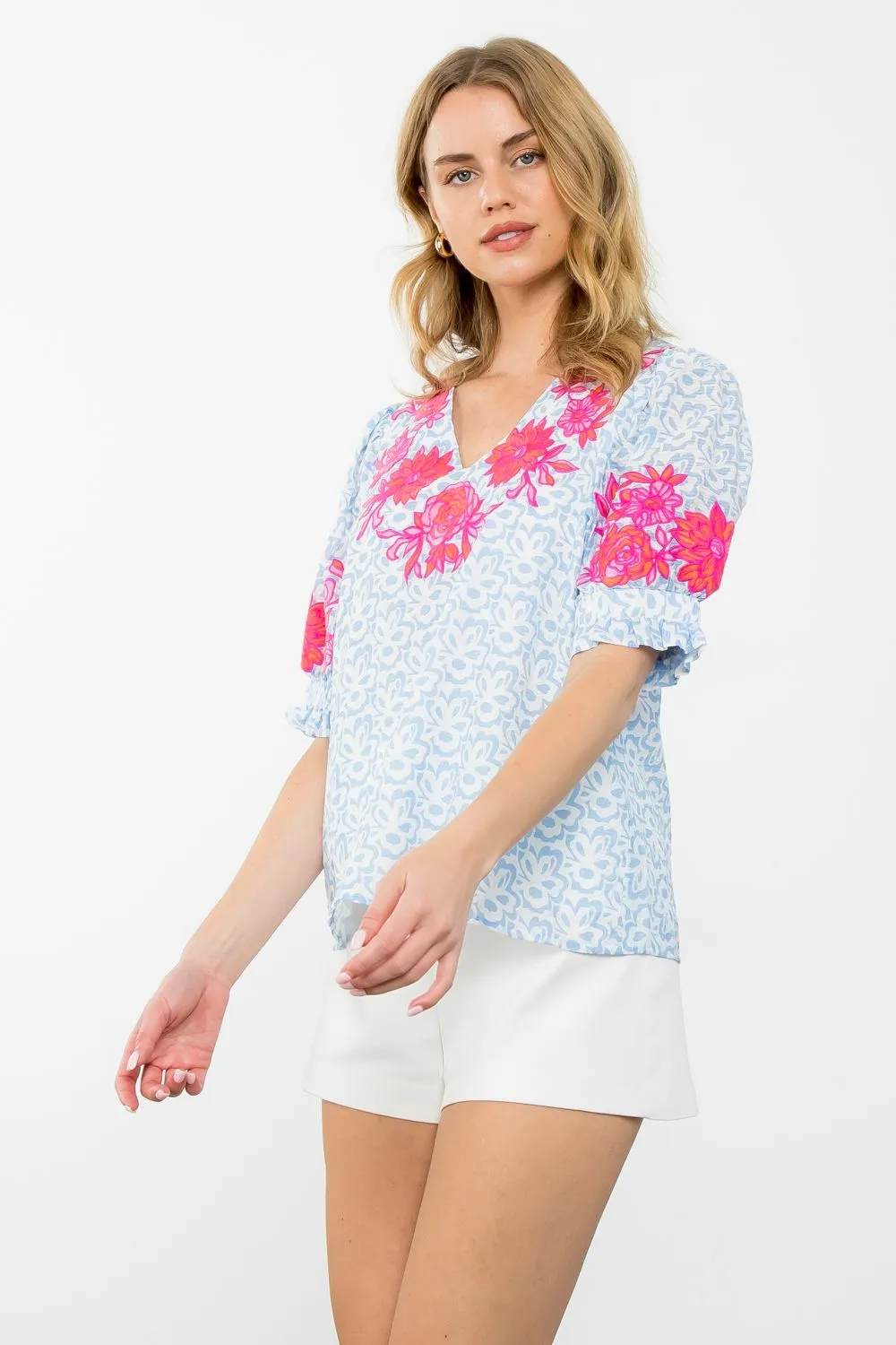 Isabella Puff Sleeve Floral Embroidered Top in Blue