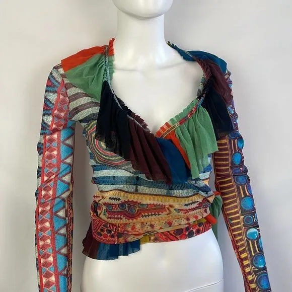 JeanPaul Gaultier Multi Print With Ruffles Wrap Mesh Top