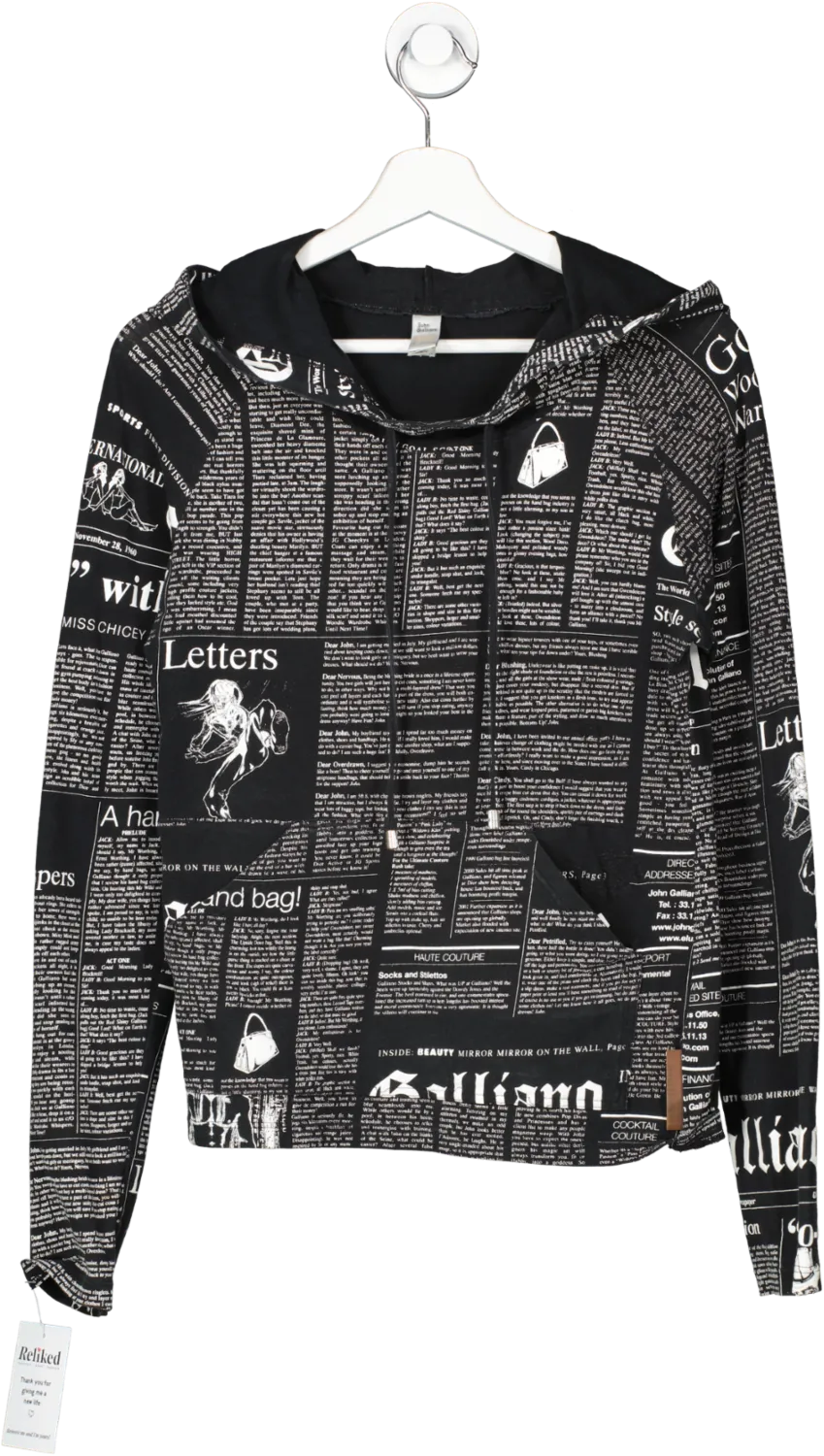 john galliano Black Newspaper Print Hoodie UK XXS-XS