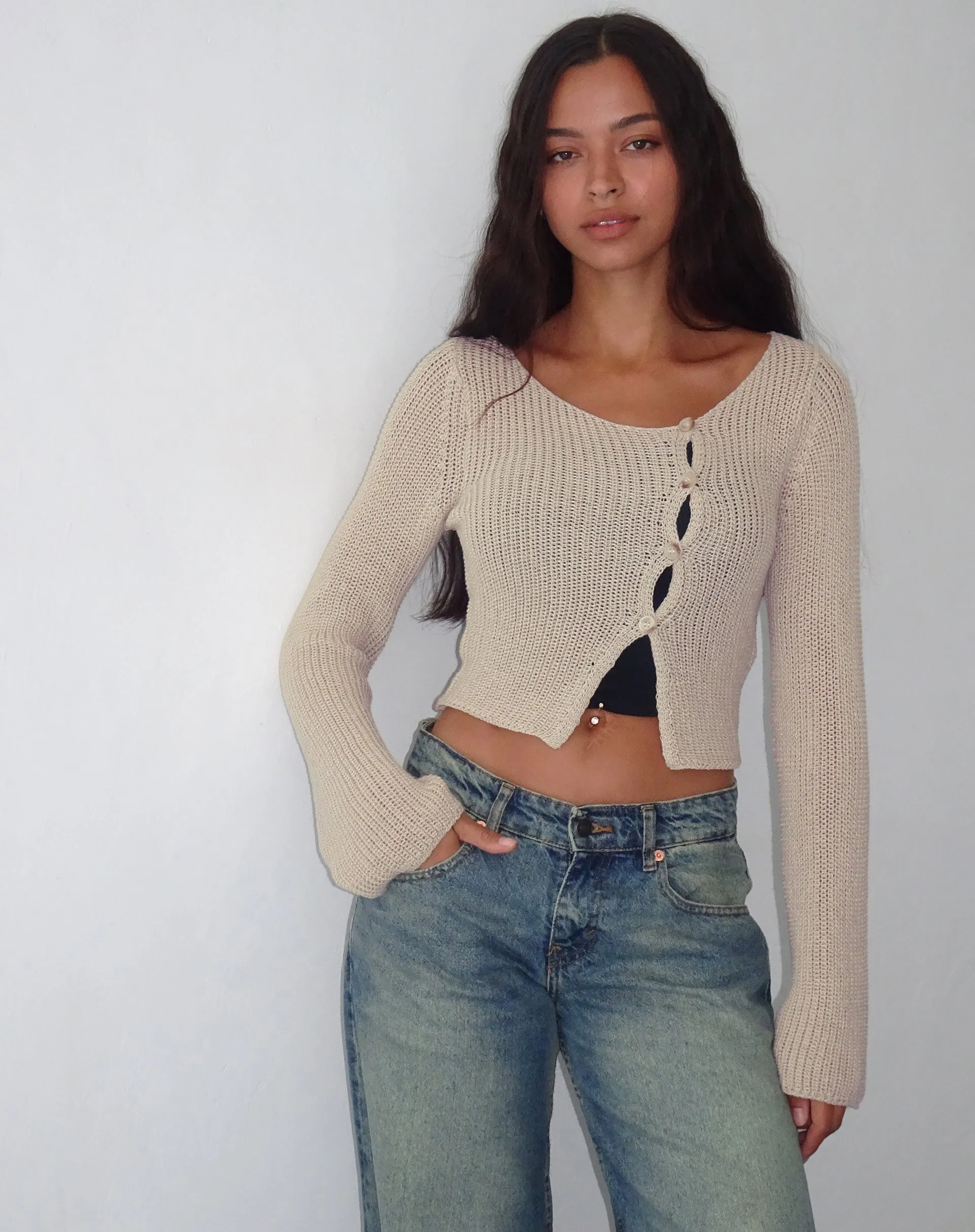 Kazayo Long Sleeve Knit Top in Natural