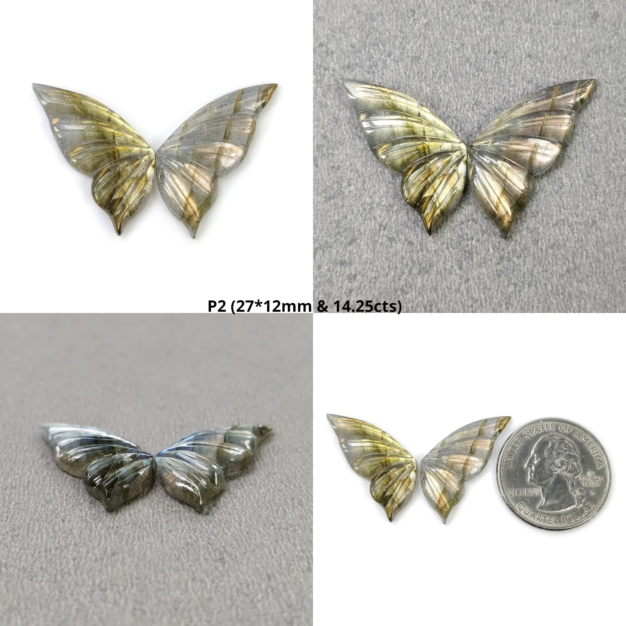 LABRADORITE Gemstone Carving : Natural Untreated Unheated Labradorite Gemstone Hand Carved Butterfly Pair (With Video)