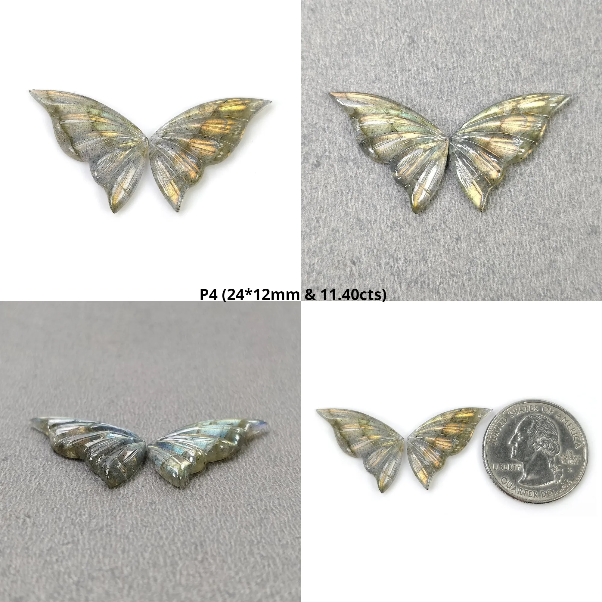 LABRADORITE Gemstone Carving : Natural Untreated Unheated Labradorite Gemstone Hand Carved Butterfly Pair (With Video)