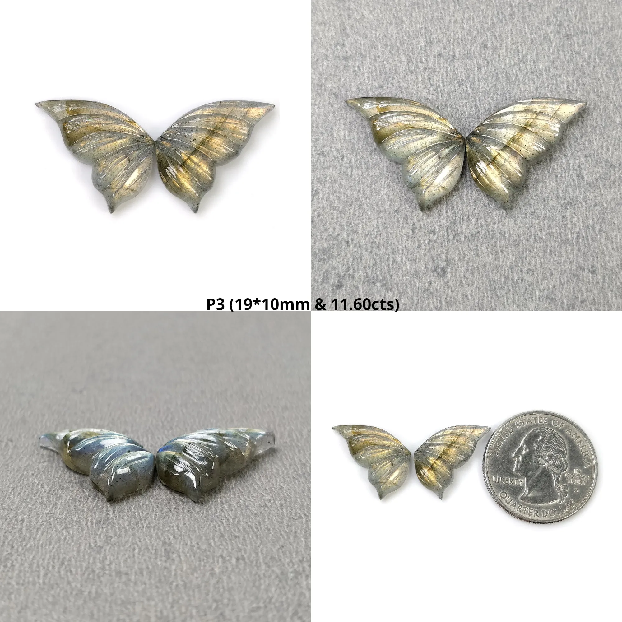 LABRADORITE Gemstone Carving : Natural Untreated Unheated Labradorite Gemstone Hand Carved Butterfly Pair (With Video)