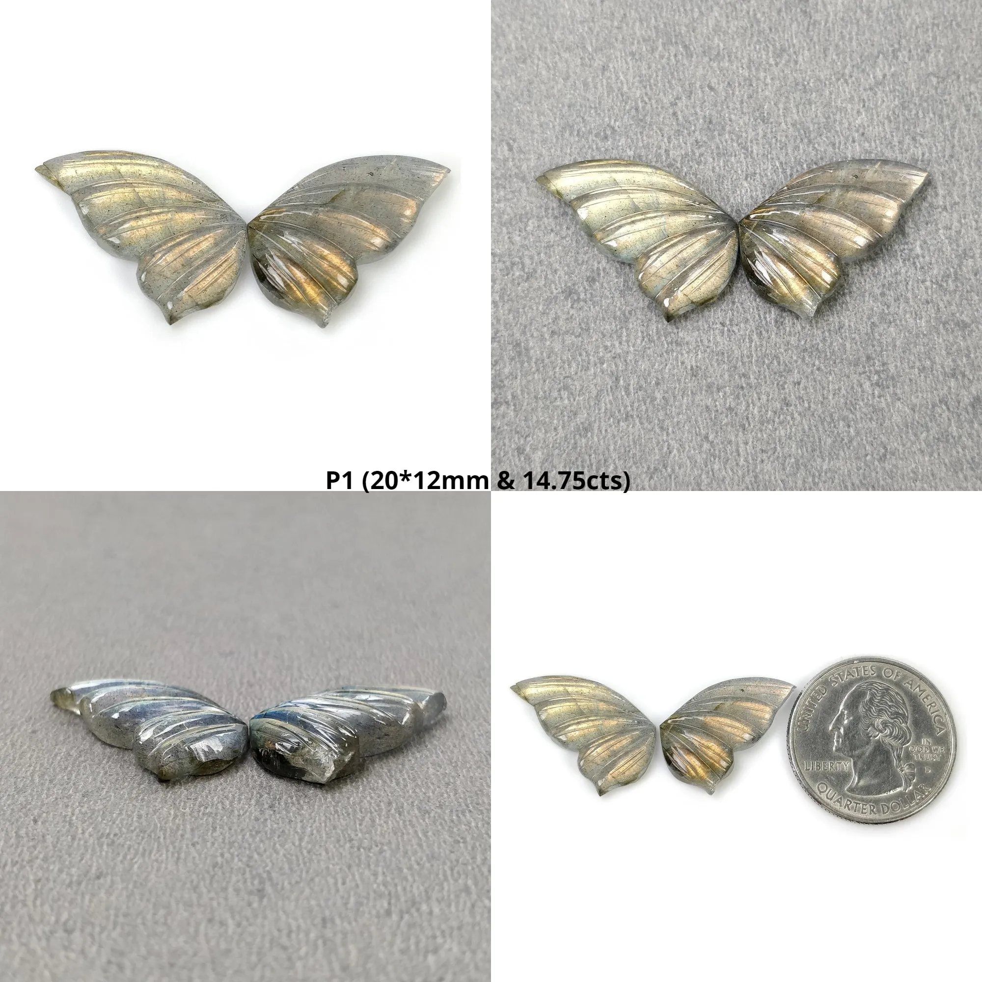 LABRADORITE Gemstone Carving : Natural Untreated Unheated Labradorite Gemstone Hand Carved Butterfly Pair (With Video)