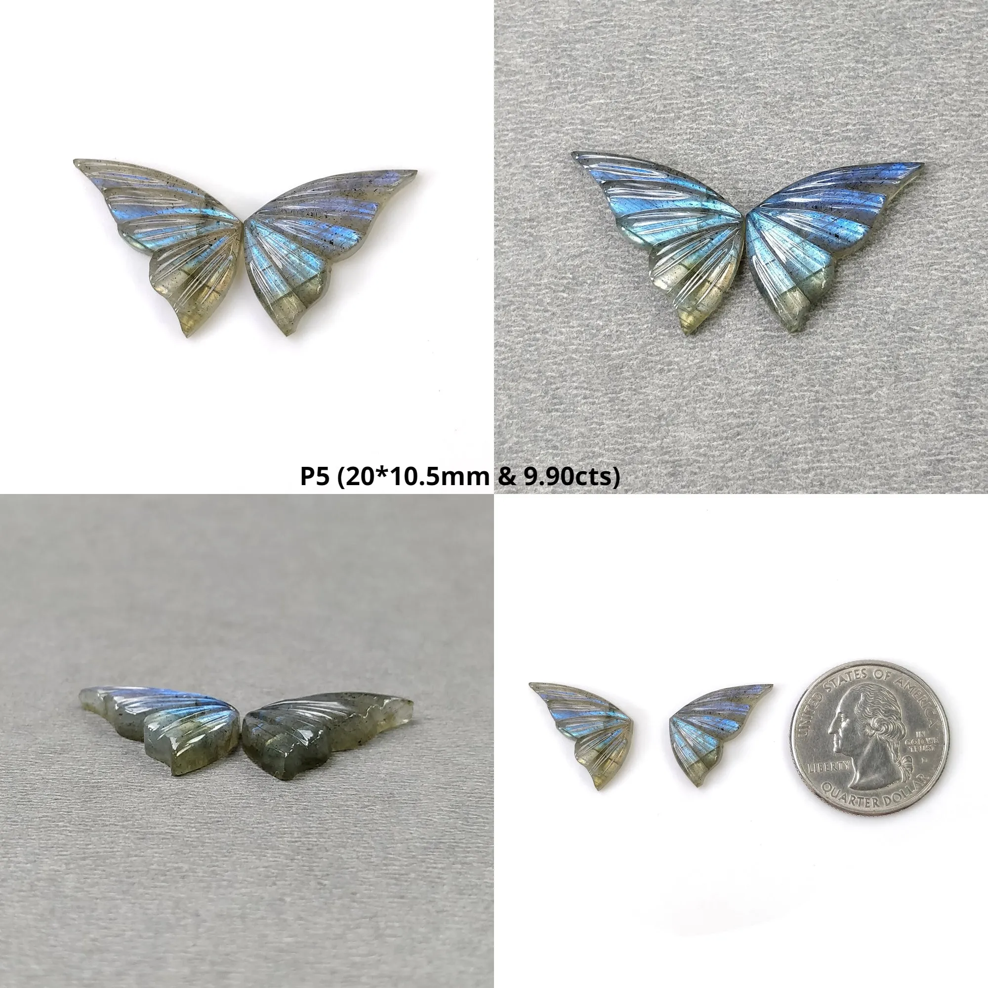 LABRADORITE Gemstone Carving : Natural Untreated Unheated Labradorite Hand Carved Butterfly Pair