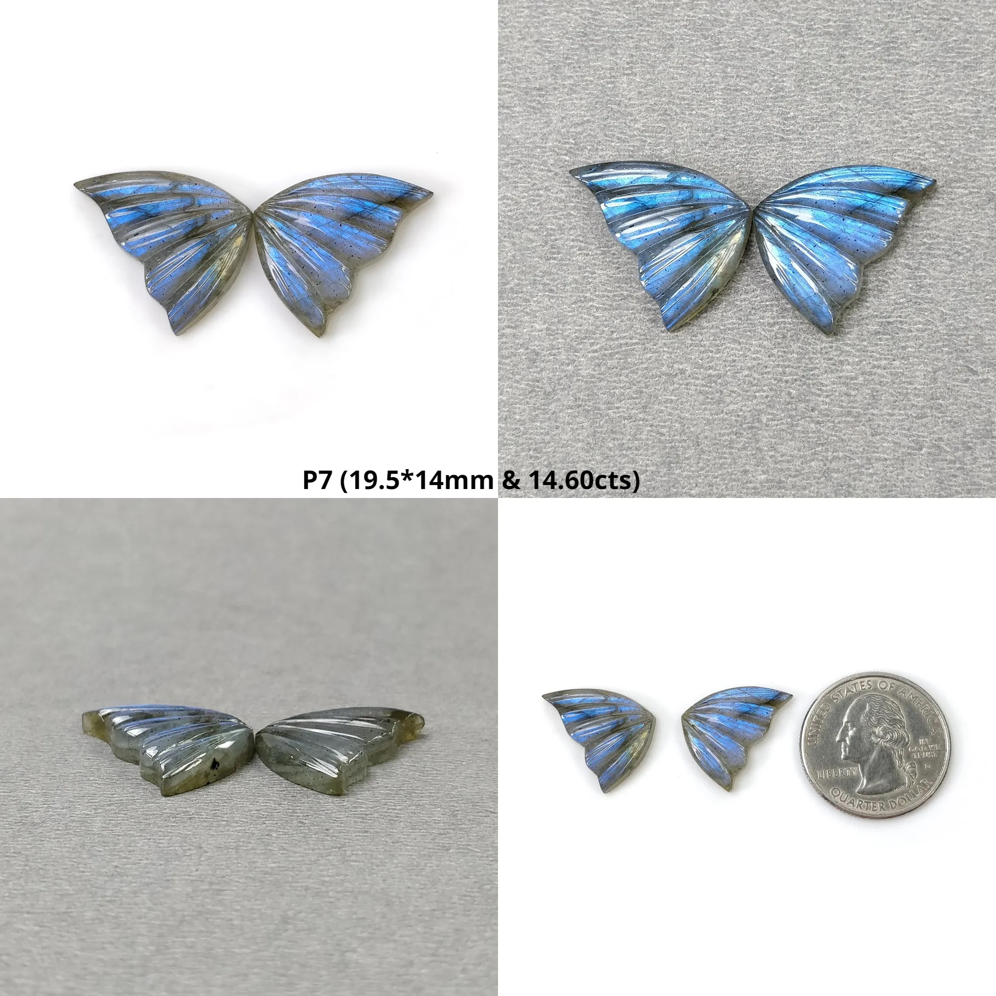 LABRADORITE Gemstone Carving : Natural Untreated Unheated Labradorite Hand Carved Butterfly Pair