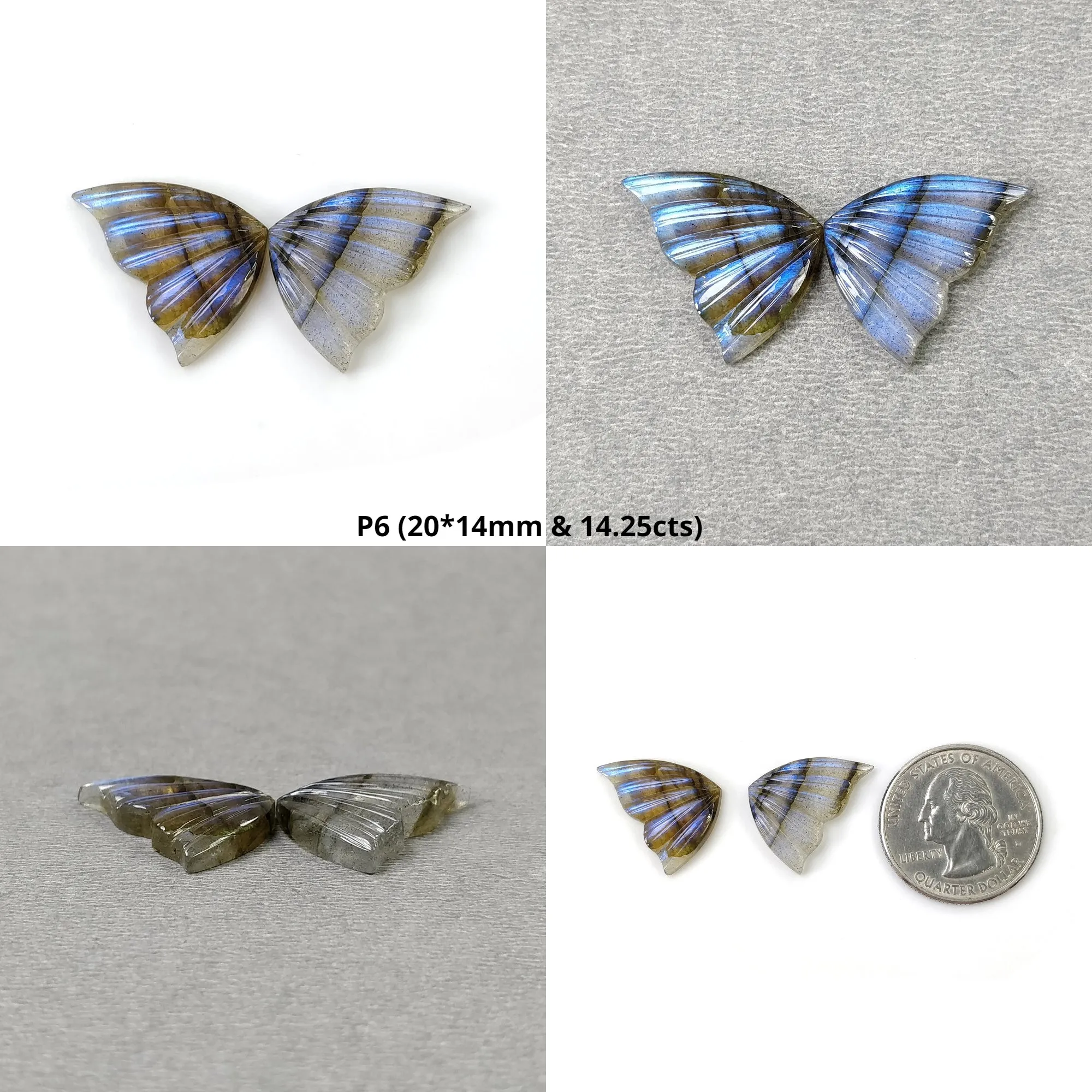 LABRADORITE Gemstone Carving : Natural Untreated Unheated Labradorite Hand Carved Butterfly Pair